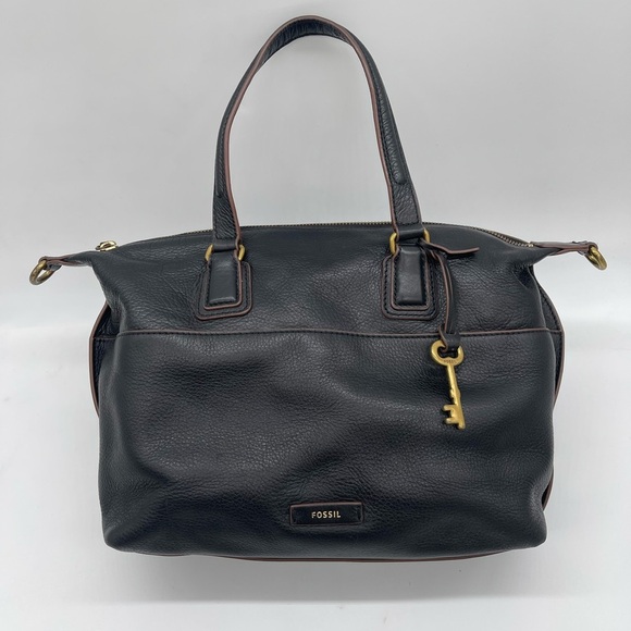 FOSSIL 1954 Julia Satchel Black Pebbled Leather Shoulder Bag Tote -Missing Strap - Picture 1 of 13